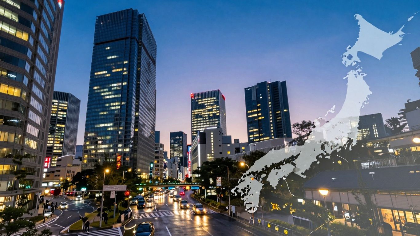 Tokyo cityscape at dusk with map overlay.