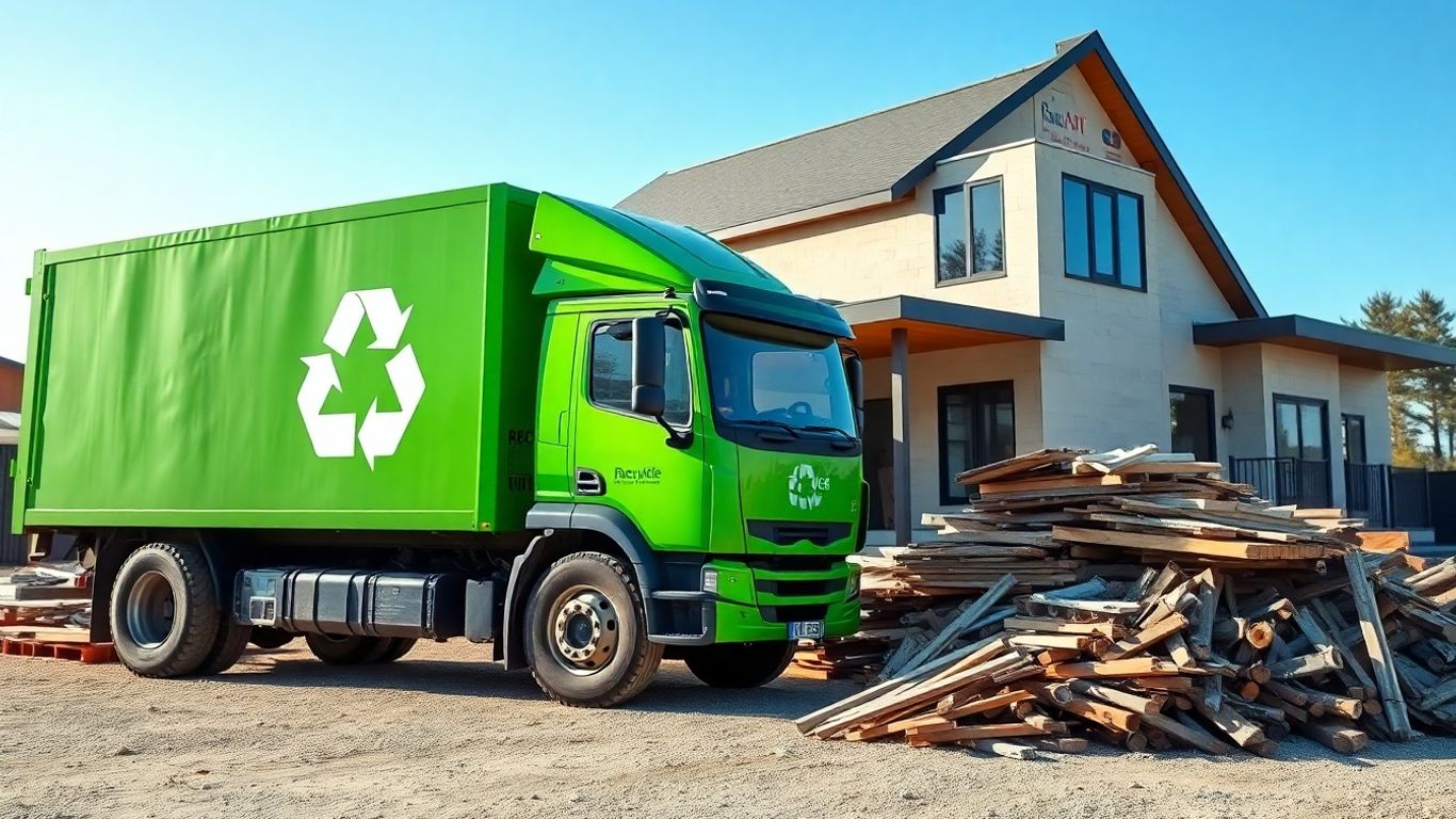 Minnesota construction waste recycling truck near building site.