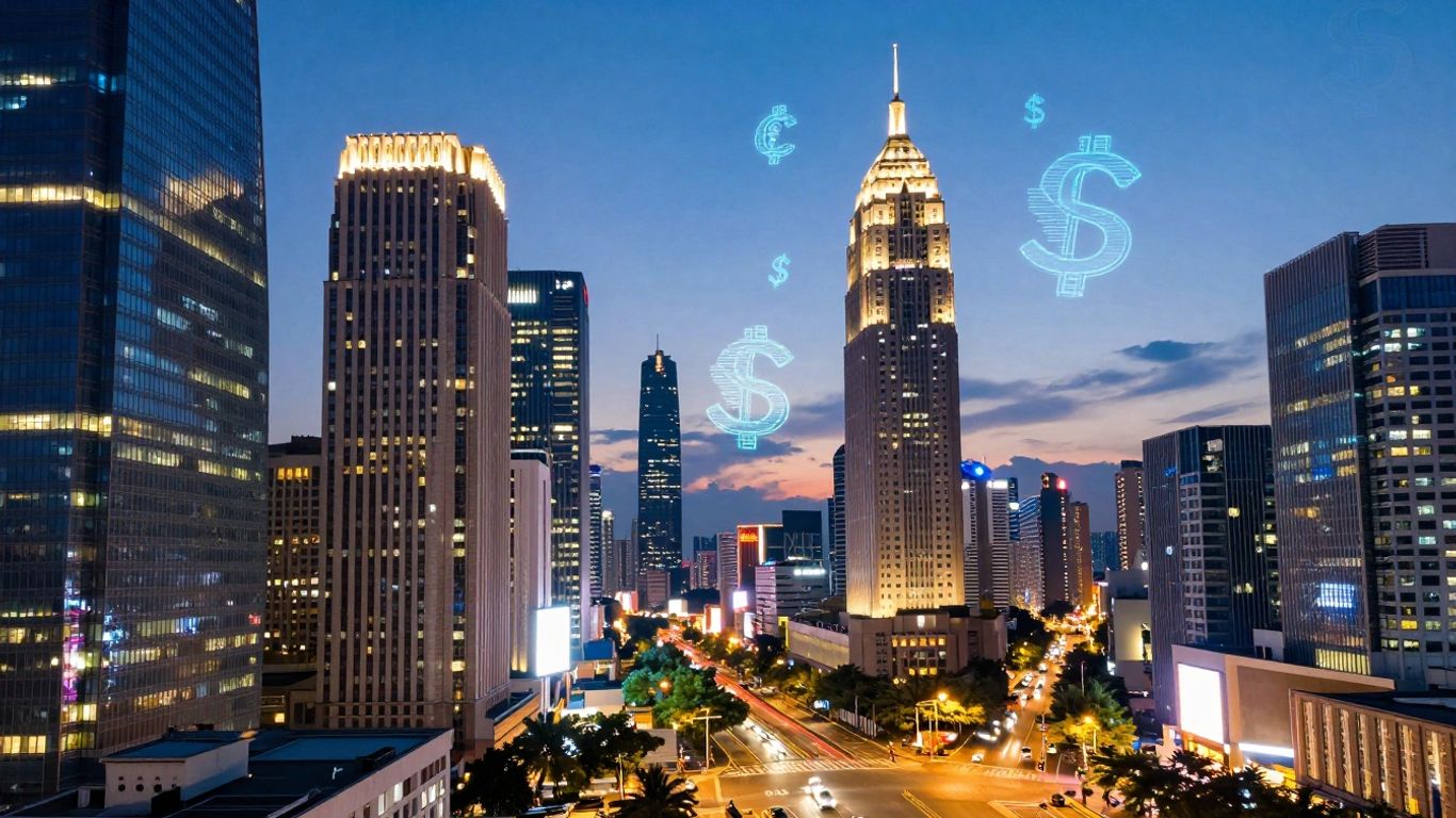 Cityscape with digital currency symbols floating.