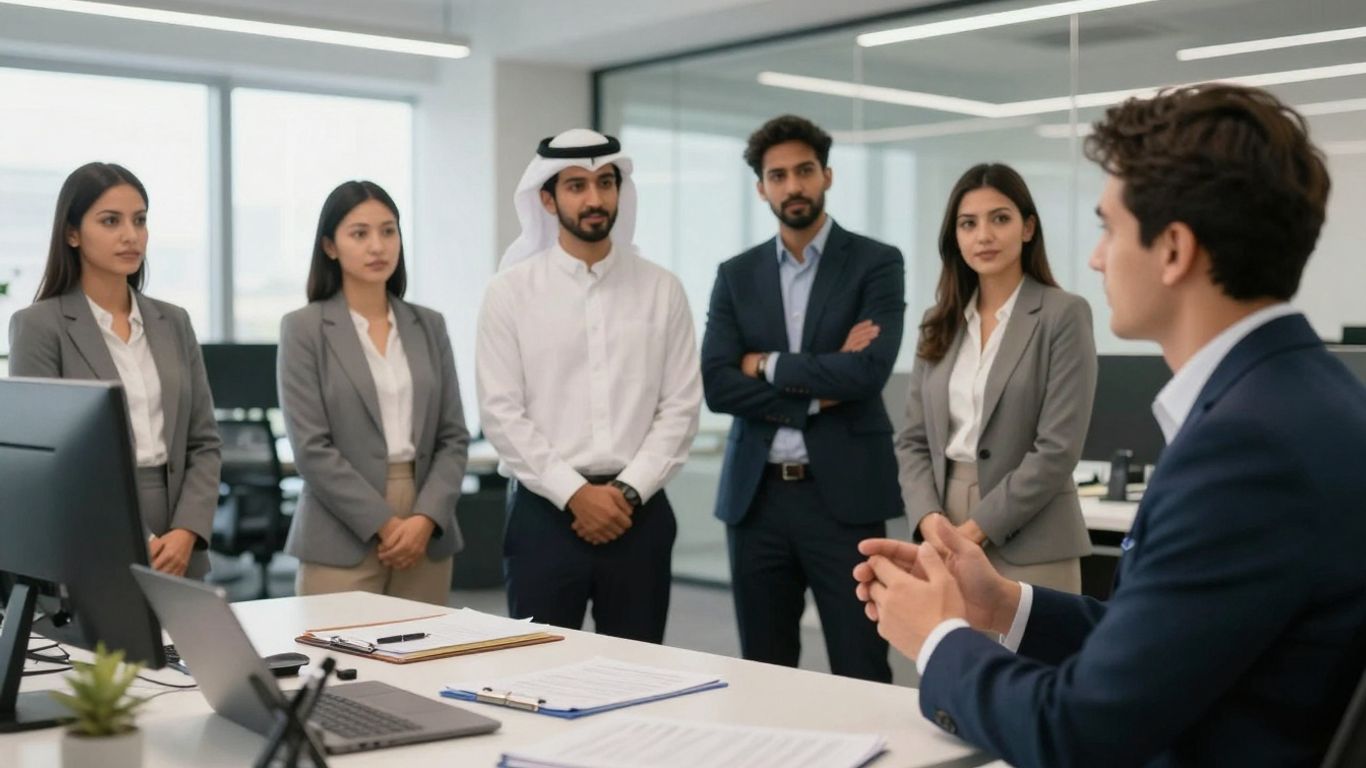 Diverse professionals in an office interview setting.