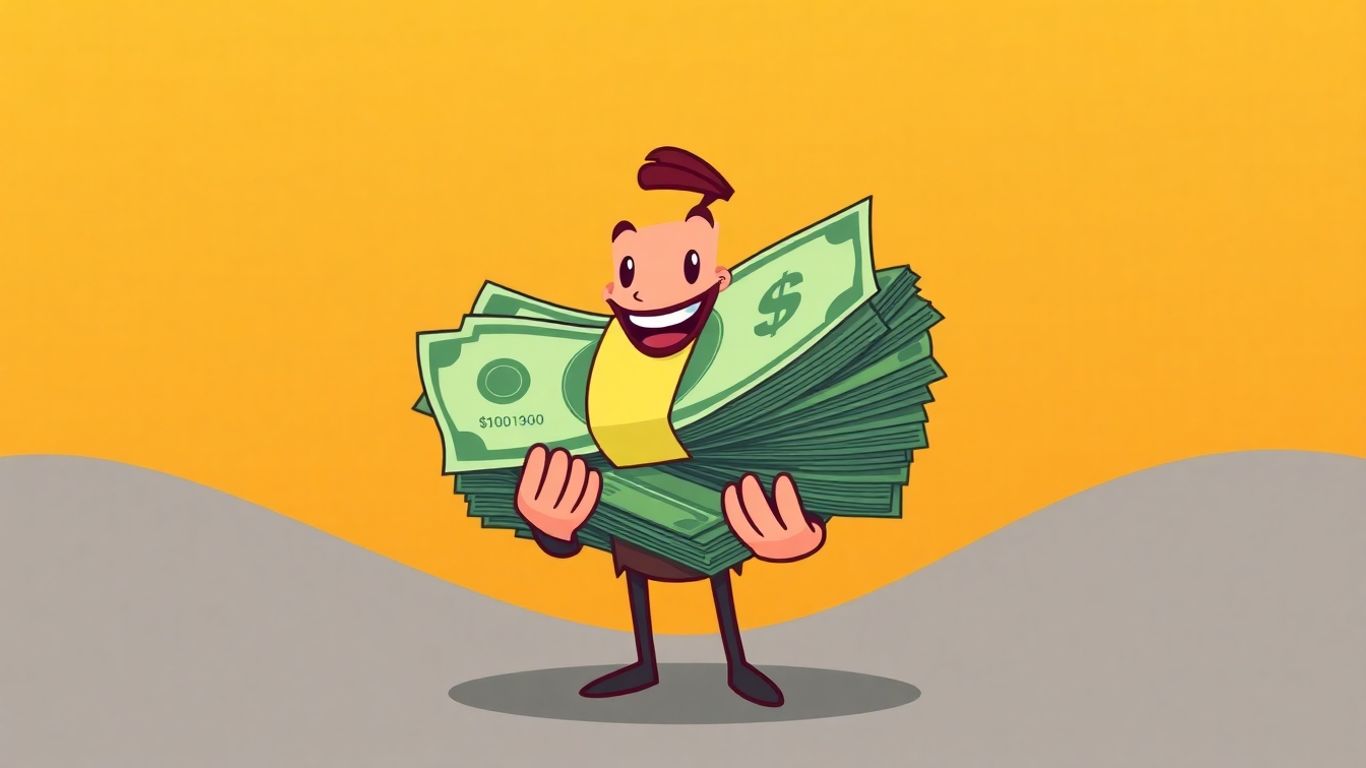 Cartoon character holding money, quick loan concept.