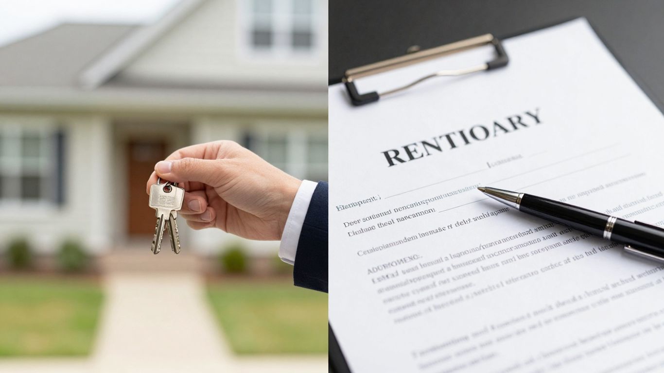 Landlord handing keys to tenant, rental agreement document.