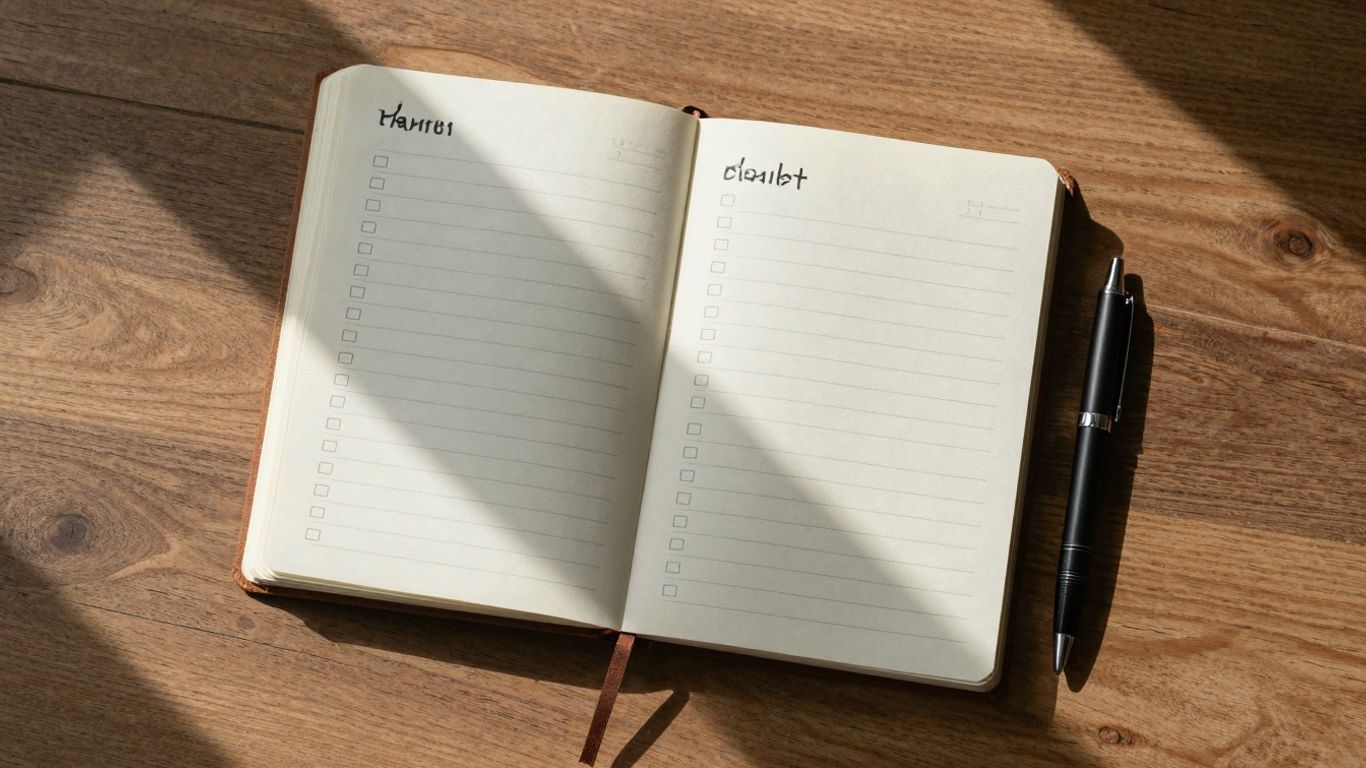 Clean travel journal and checklist design on desk.