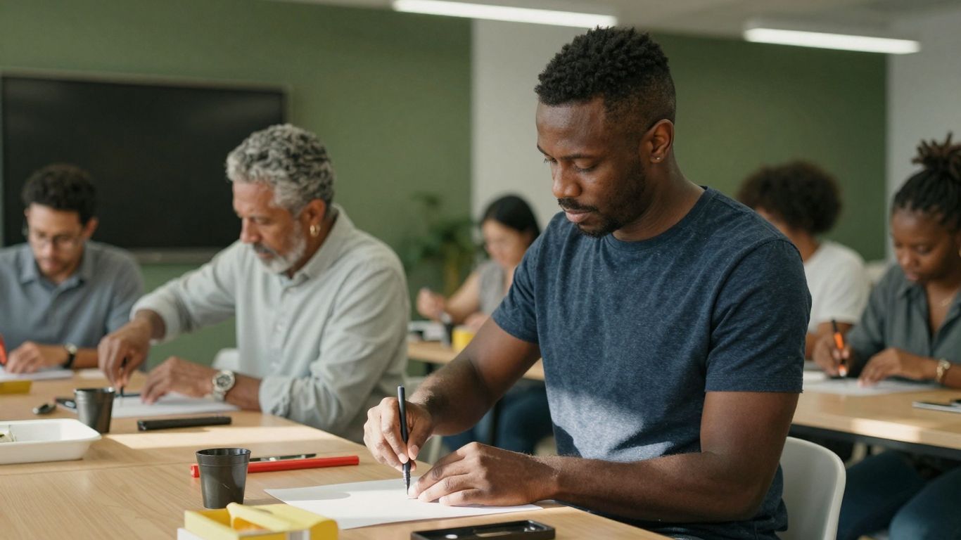 People learning practical skills in a bright workshop.