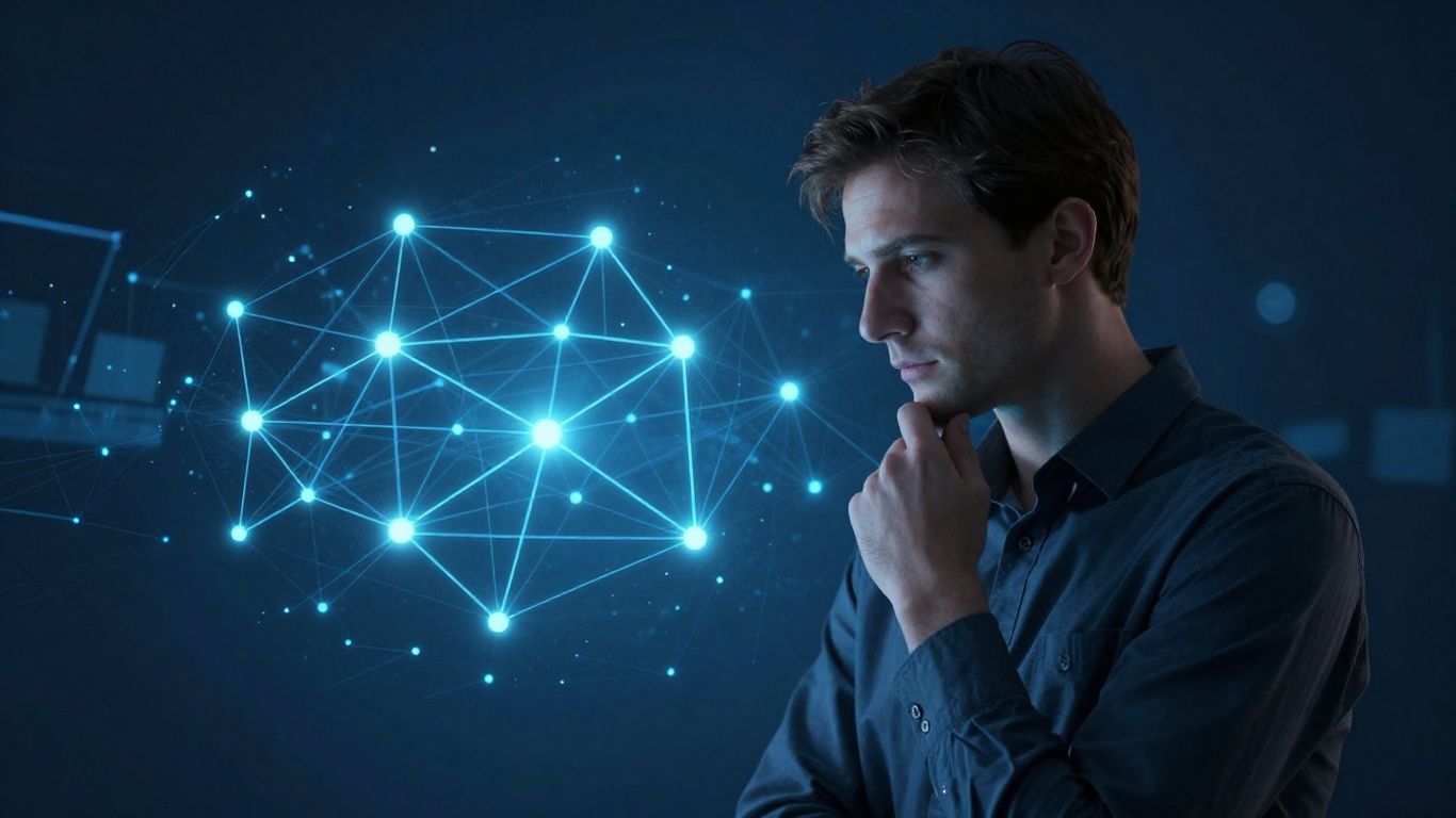Digital network analysis with interconnected nodes and glowing lines.
