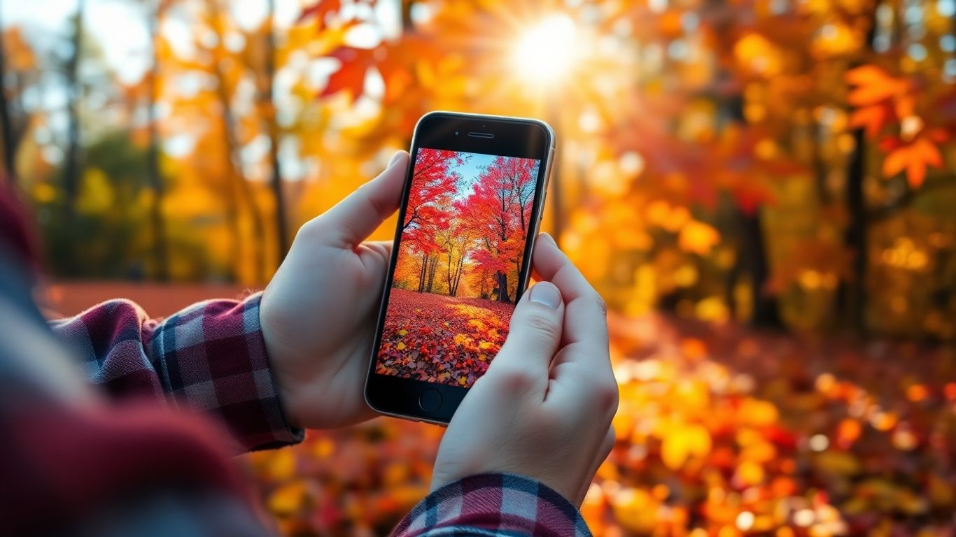 Contractor using phone in autumn for SEO.