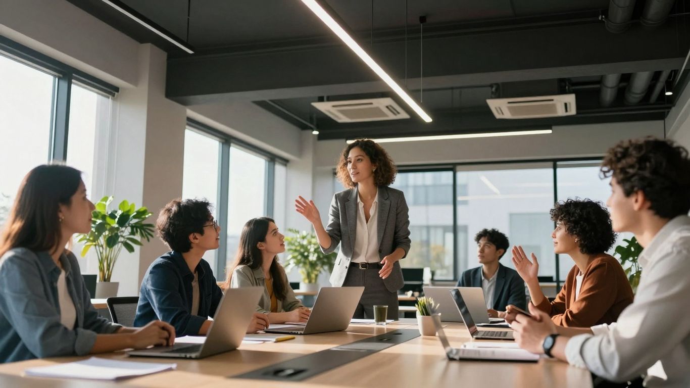 Marketing agency team collaborating in a bright, modern office.