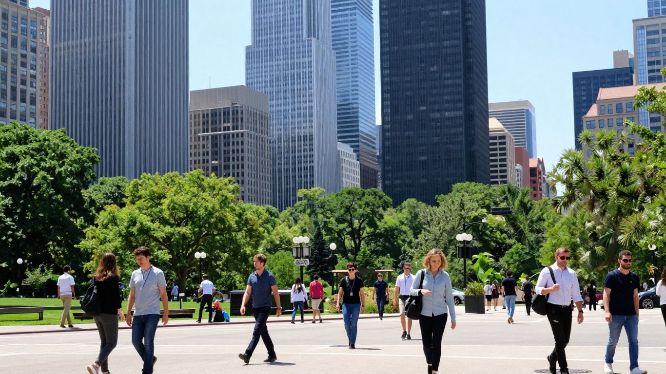 Oraș vibrant cu zgârie-nori și oameni de afaceri.