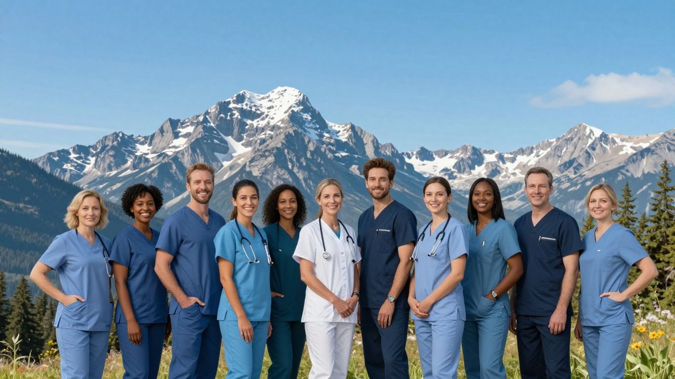 Travel nurses in Canada with scenic mountain backdrop.