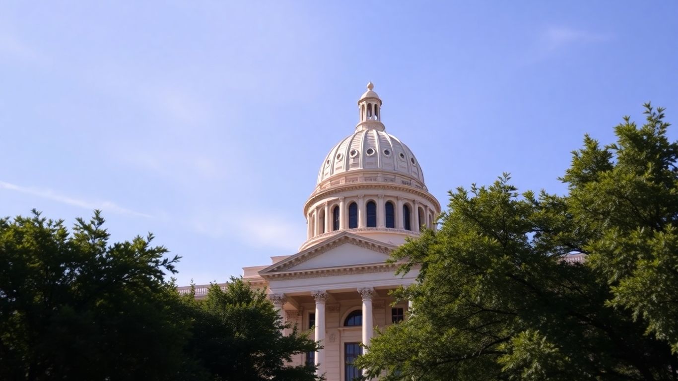 Texas Capitol building with sunny sky and trees