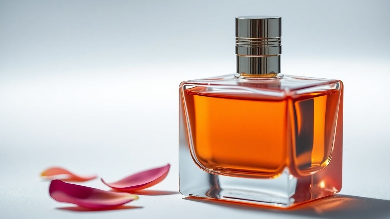 Elegant perfume bottle with floral details and scattered petals.