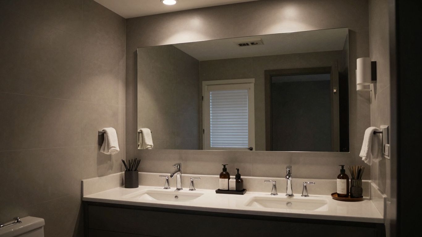 Soft ambient light illuminating a modern bathroom interior.