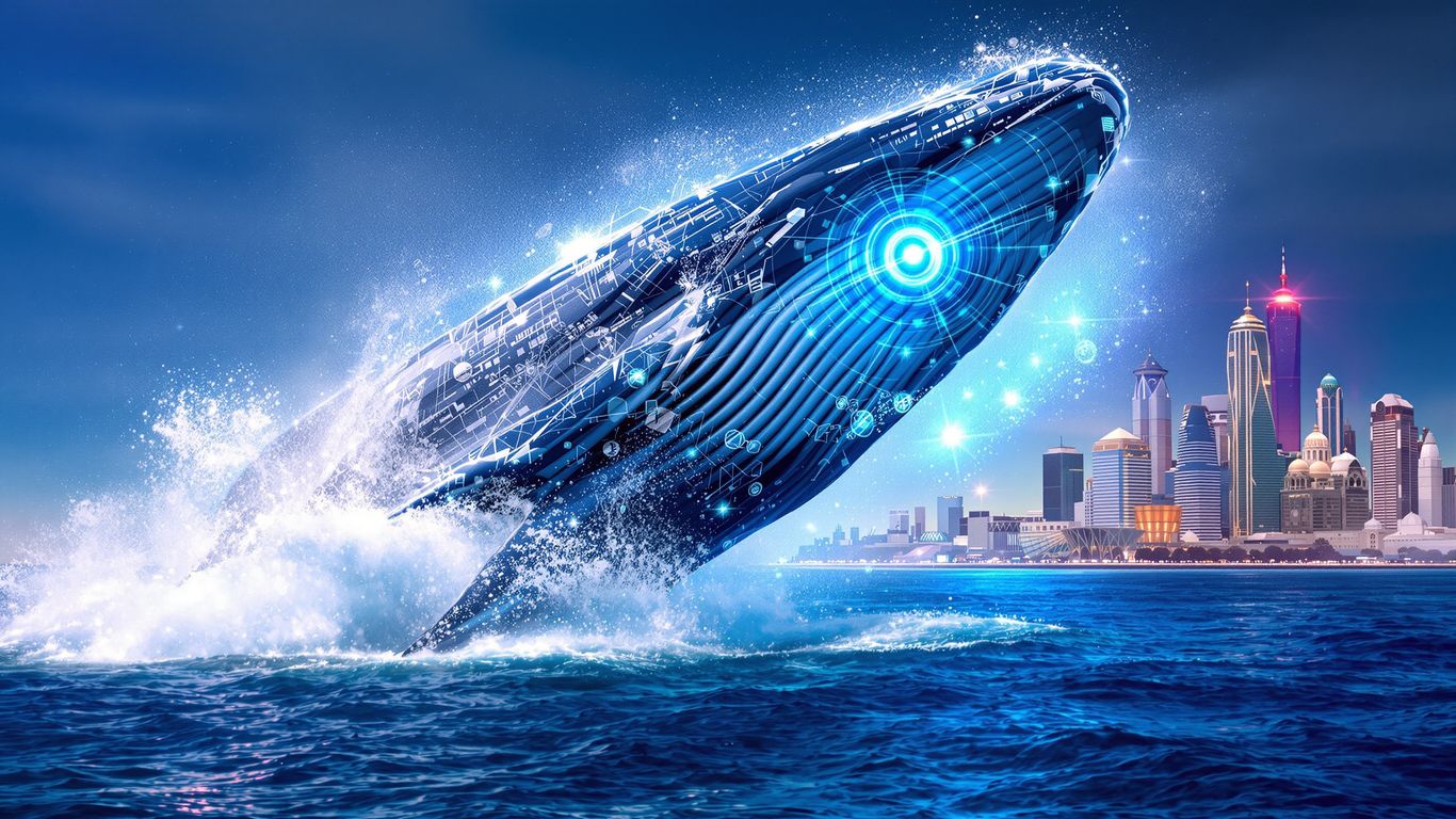 Digital whale breaching from ocean near futuristic city.