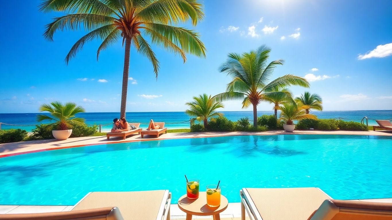 Couple relaxing poolside at luxury all-inclusive resort