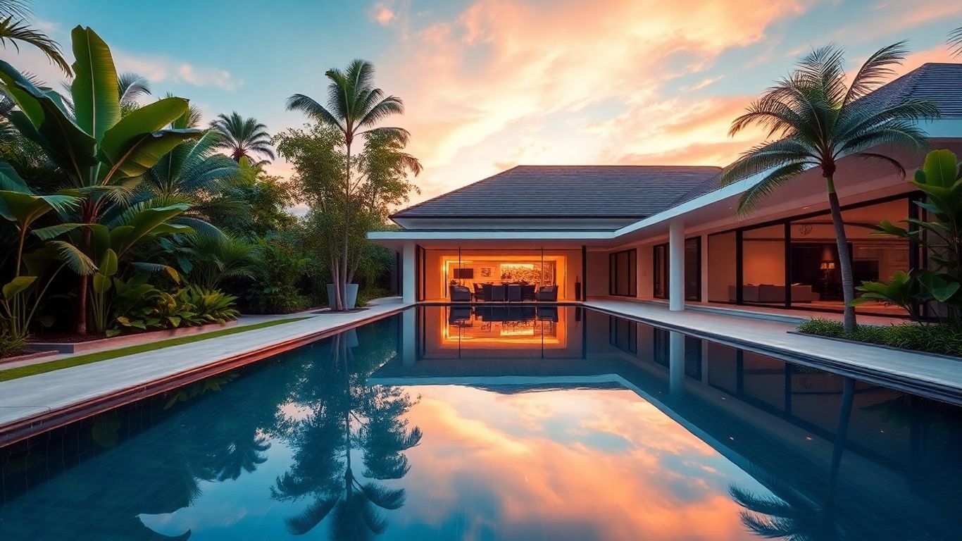 Modern smart villa in Phuket with infinity pool at sunset.