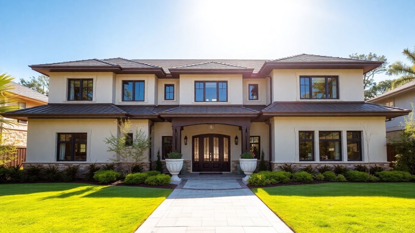 Elegant custom home exterior with manicured landscaping.
