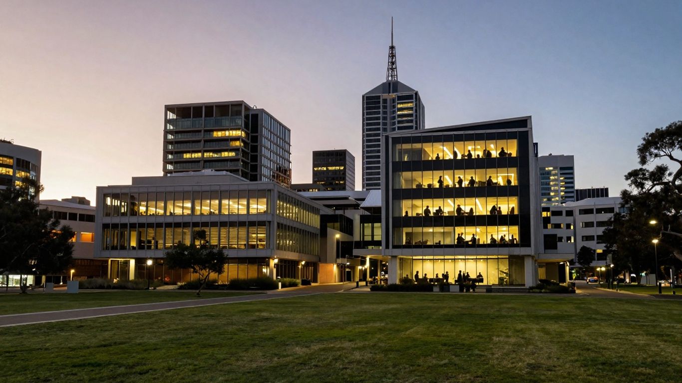 Adelaide cityscape at dusk with illuminated modern buildings.
