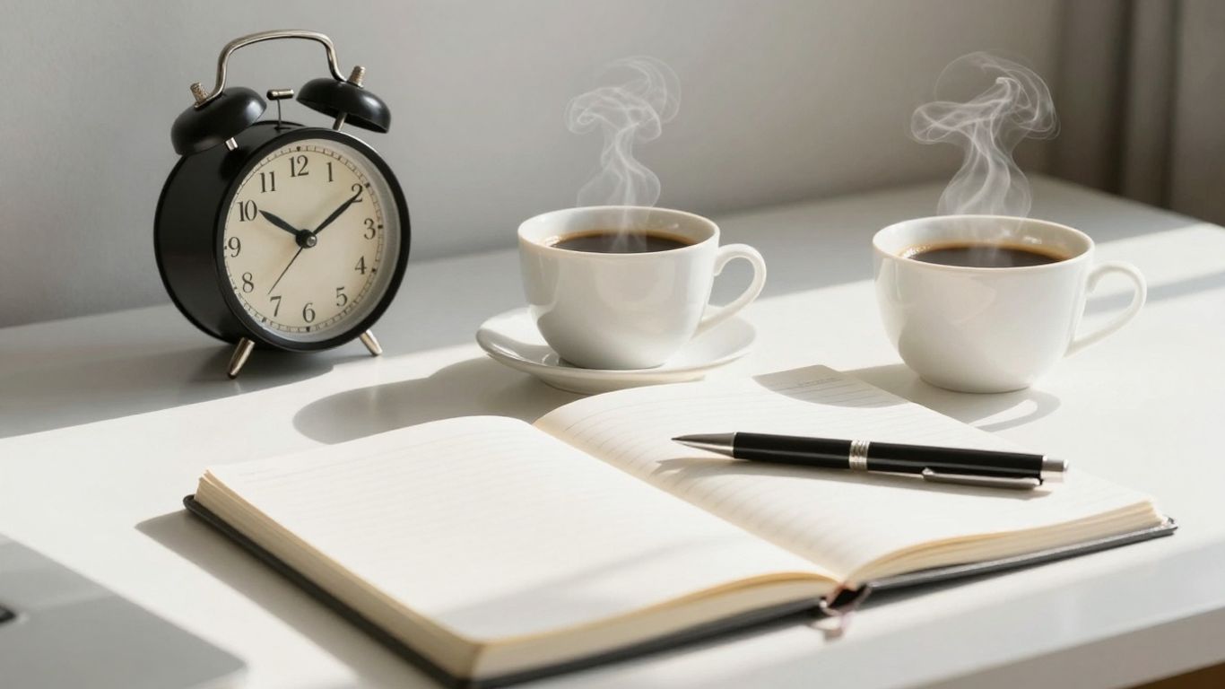 Pomodoro timer on a desk with coffee.