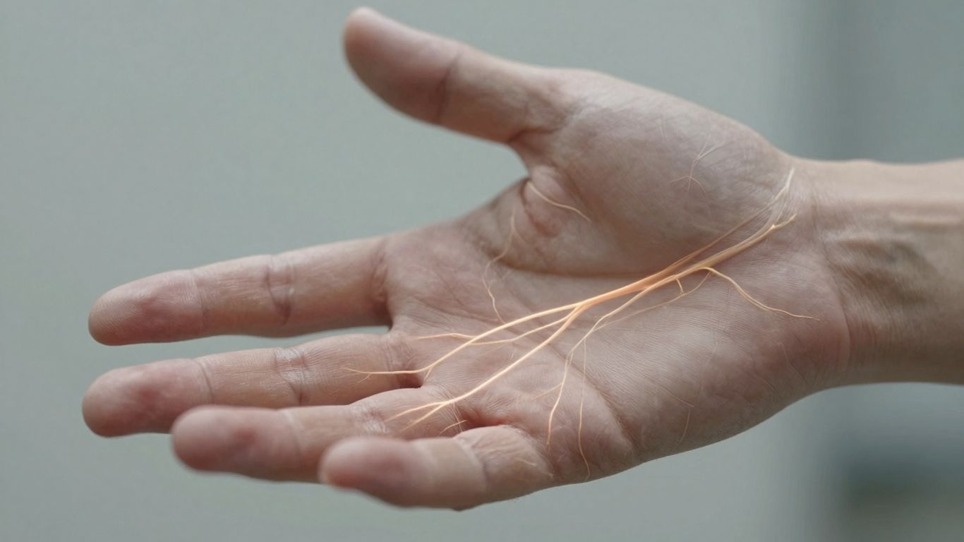 Close-up of hand with glowing nerve pathways.