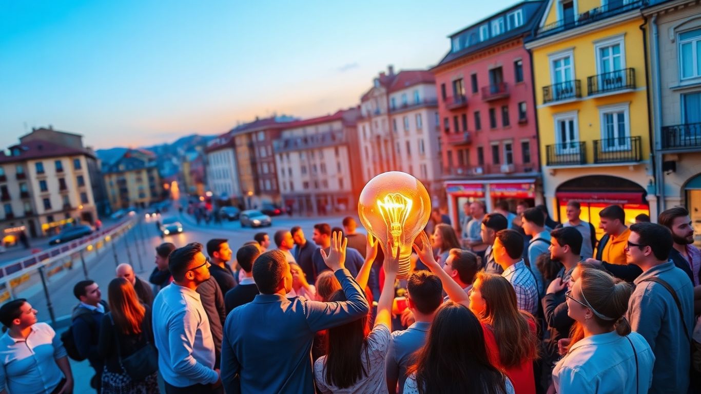 Oamenii interacționează cu o idee luminoasă în România.
