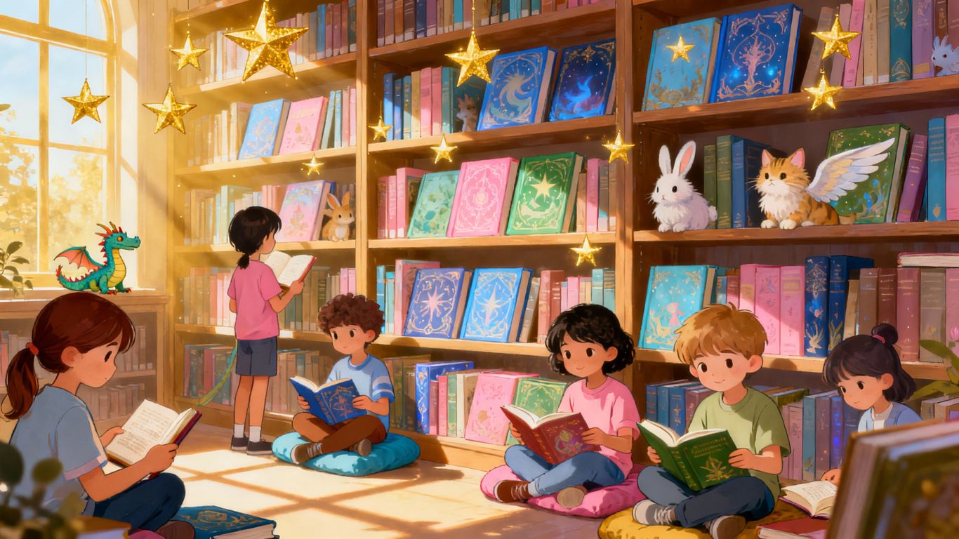Children reading books in a magical library.