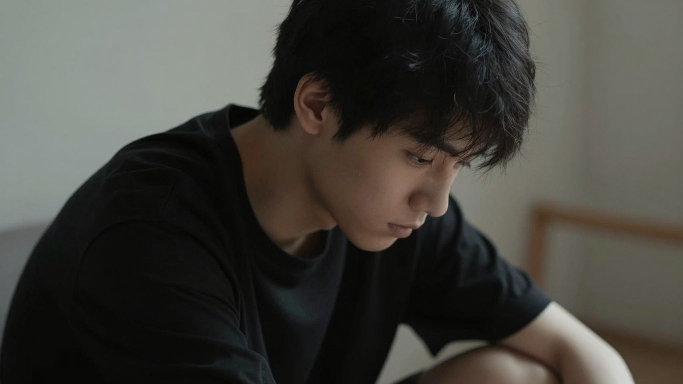 Young man looking down, deep in thought.