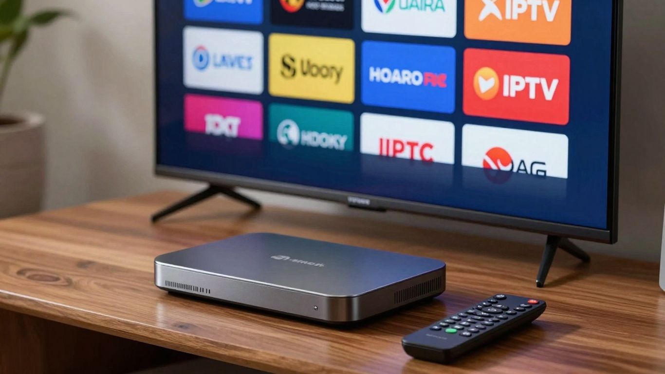 Android TV box with IPTV channels on screen and remote.