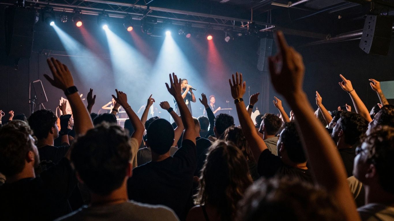 Hip hop concert with energetic crowd and performer.