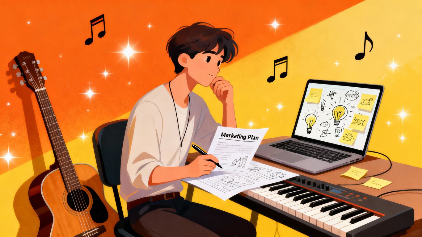 Musician planning marketing strategy with instruments.