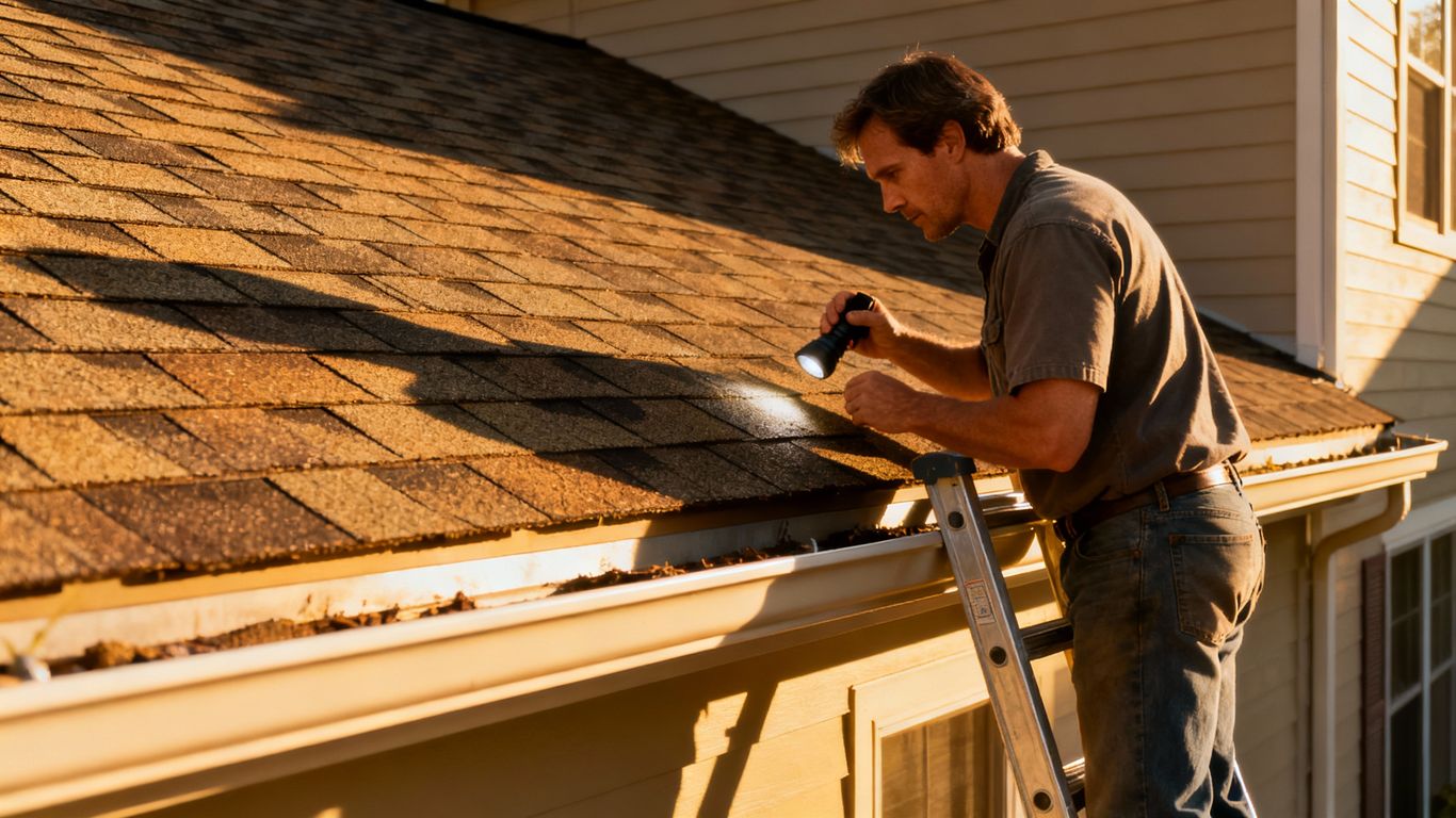 Homeowner inspecting a shingled roof.