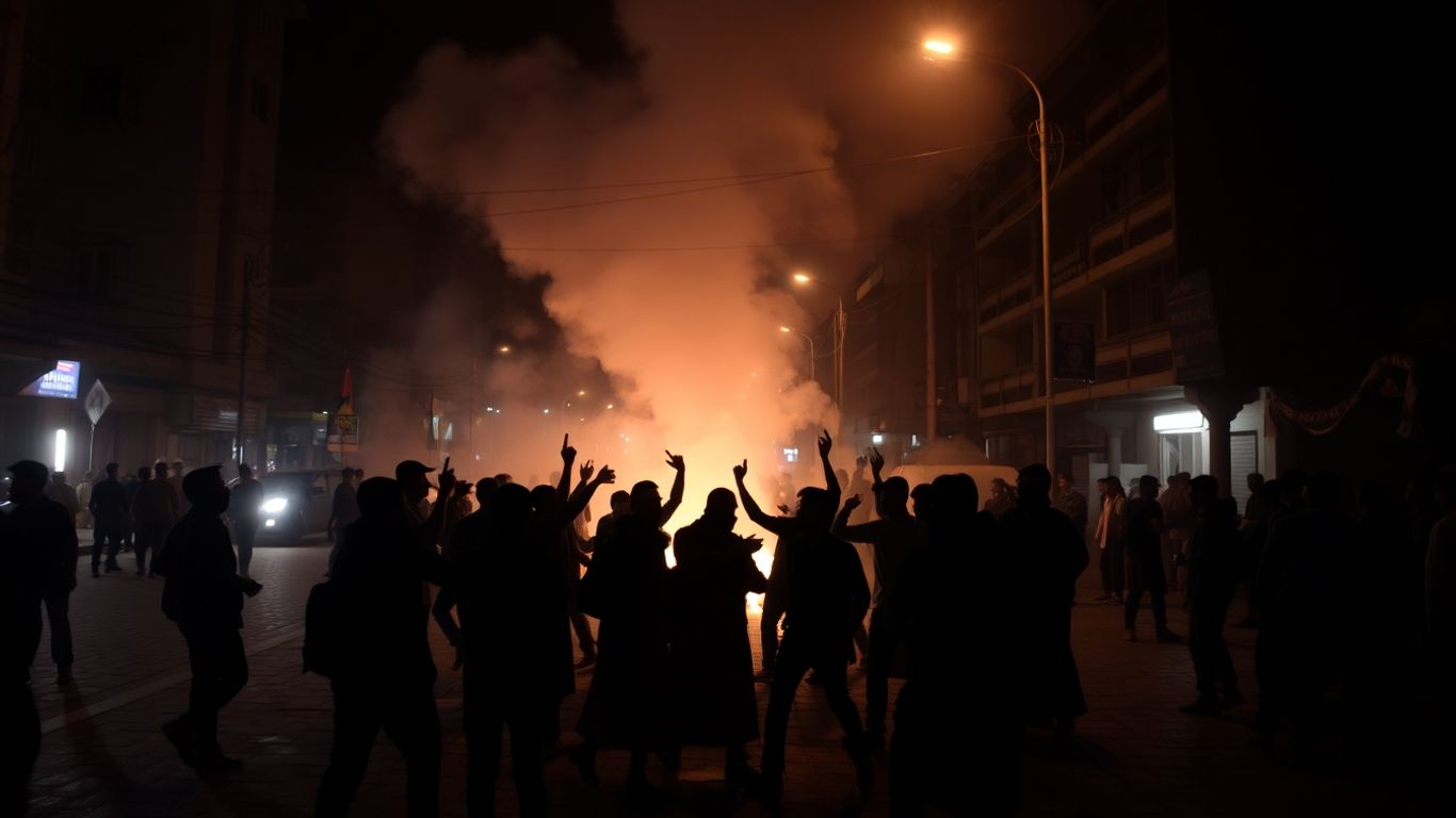 Manifestants et policiers dans les rues sombres du Népal.