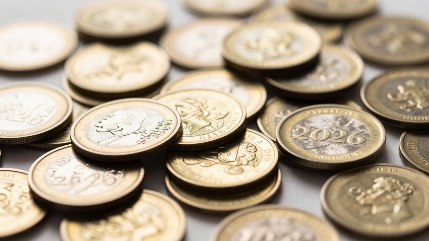 Valuable 2026 coins, gold and silver, close-up.