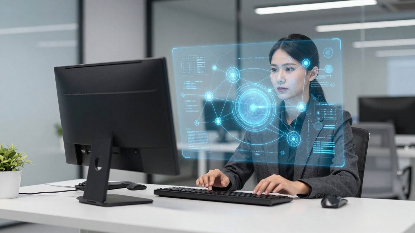 Person interacting with a digital network projection.