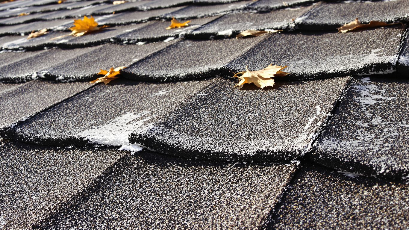Autumn leaves on a damaged shingle roof.