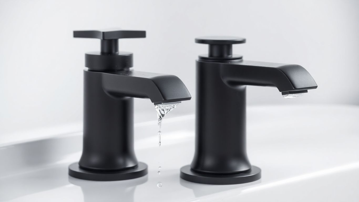 Modern matte black bathroom taps on a white basin.