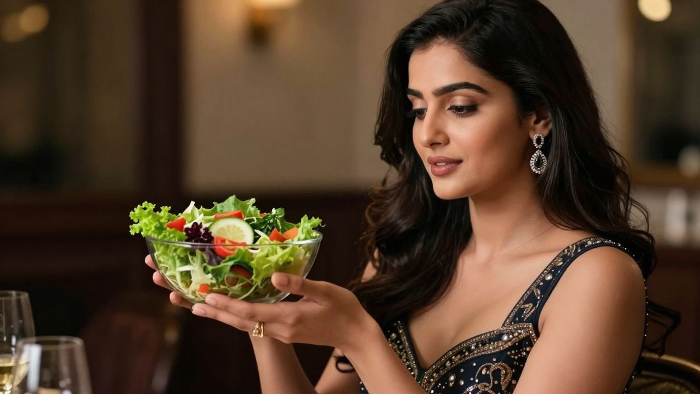 Femeie elegantă savurând o salată sănătoasă la un eveniment monden.
