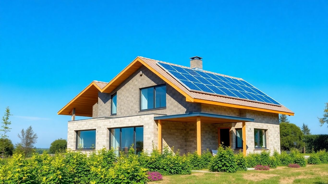 Maison neuve avec panneaux solaires et environnement verdoyant