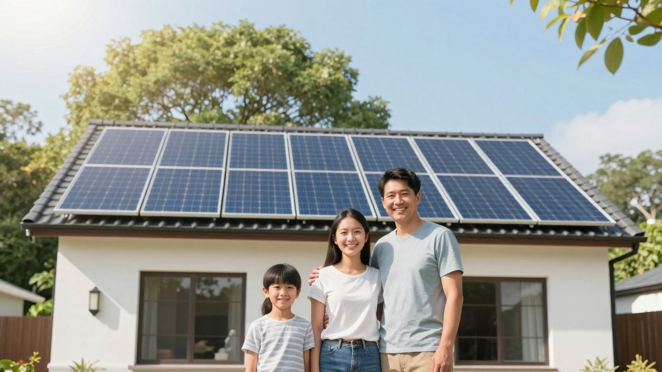 Family In Front Of Solar-Powered Home.