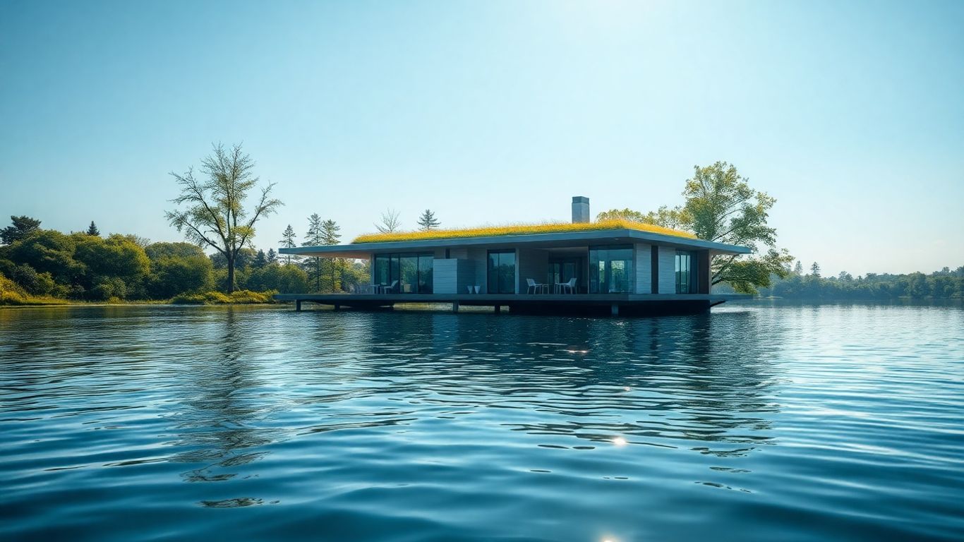 Casă ecologică plutind pe apă, înconjurată de natură.