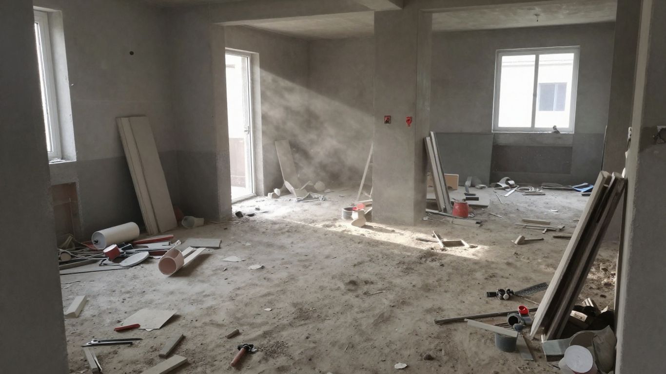 Construction dust and debris left on a messy job site.