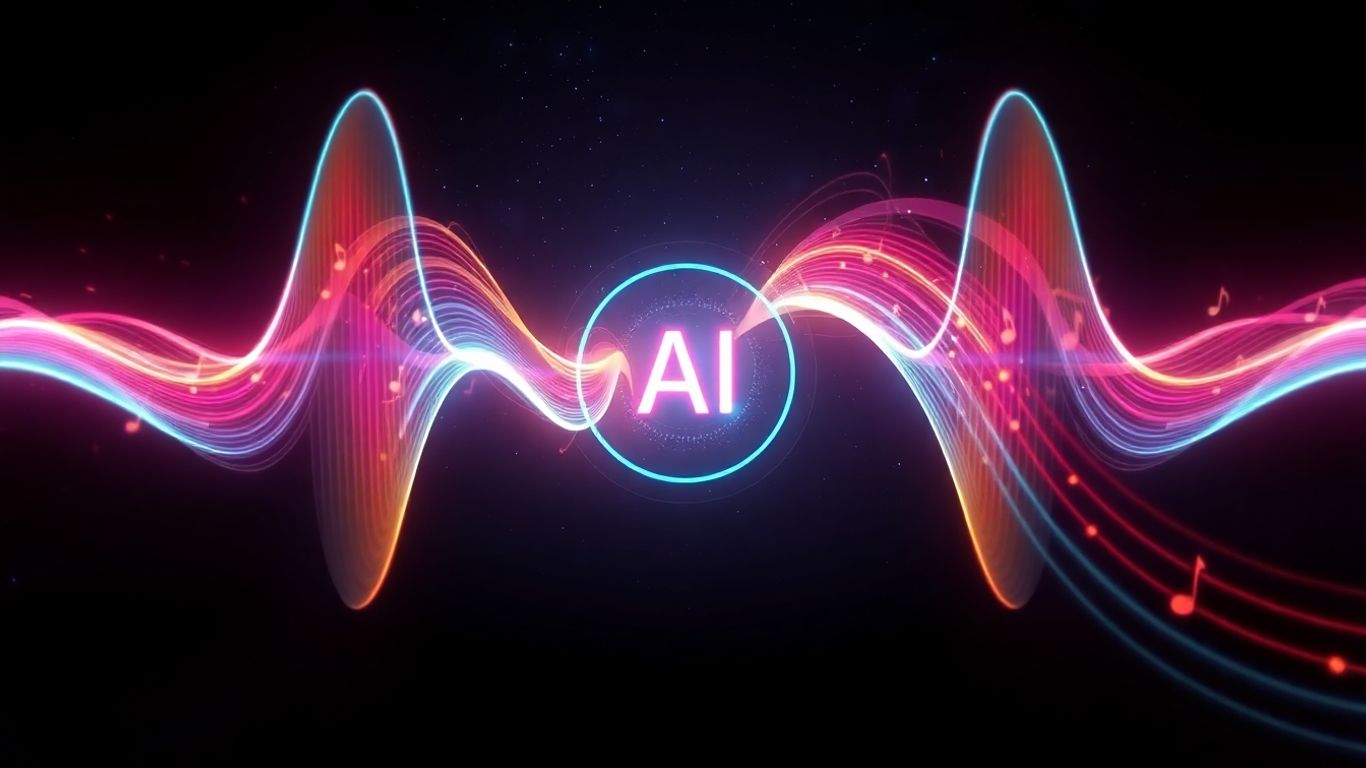 AI music generation concept with sound waves and notes.