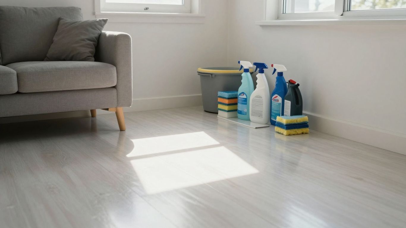 Sparkling clean living room with organized cleaning supplies.