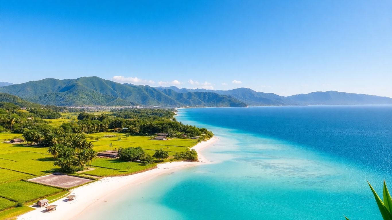Sumba island landscape with rice paddies, beach, and hills.