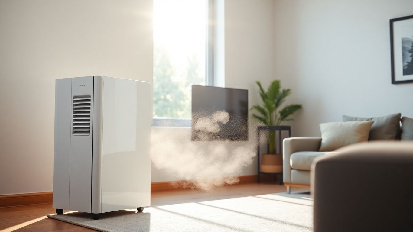 Déshumidificateur dans un salon moderne et lumineux.