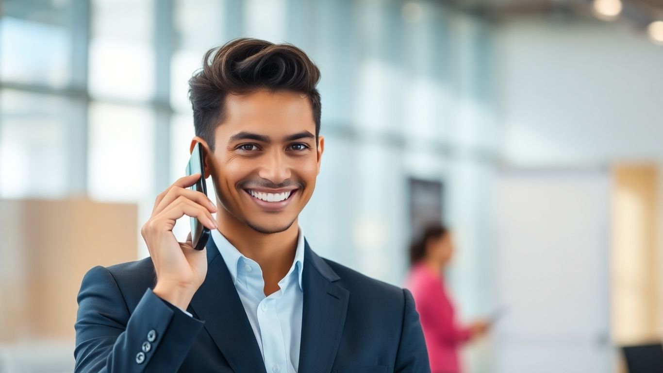 Professional closing a phone call with a smile.