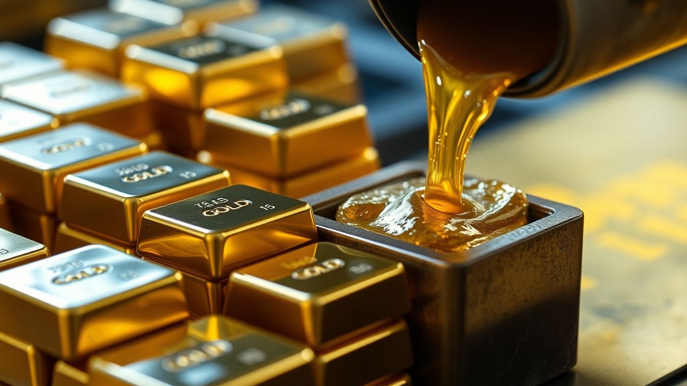 Lingotes e moedas de ouro brilhantes, ouro derretido derramado em um molde.
