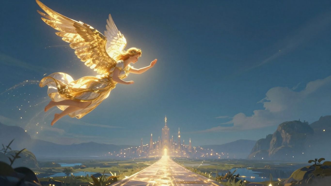 Anjo de luz com asas douradas sobre paisagem serena.