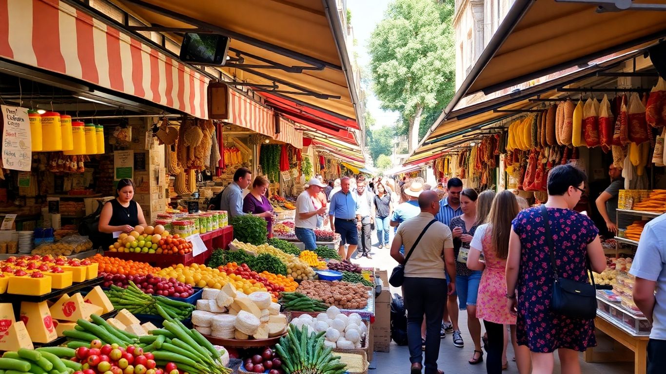 Girona market stall with fresh produce and local delicacies.