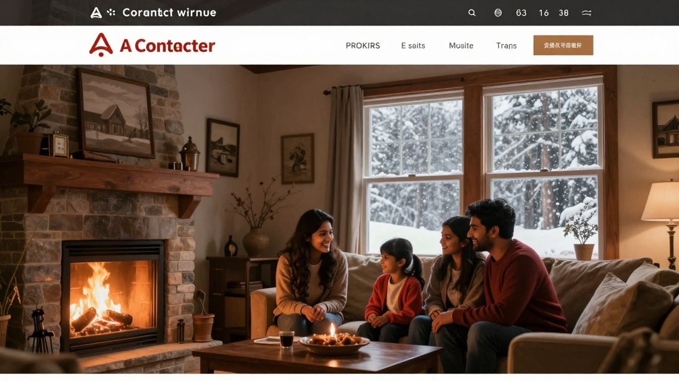 Cozy home interior with fireplace, snow outside.