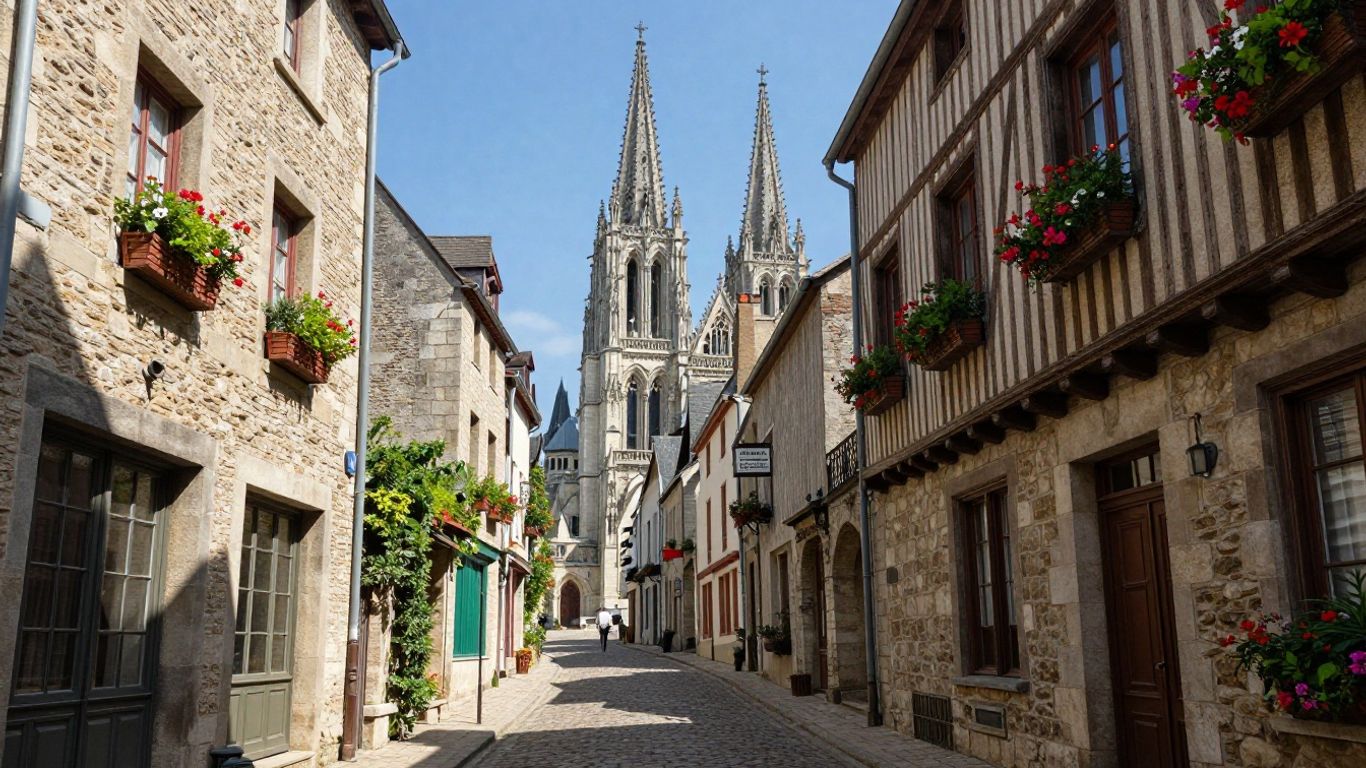 Medieval French town with cobblestone streets and Gothic cathedral.
